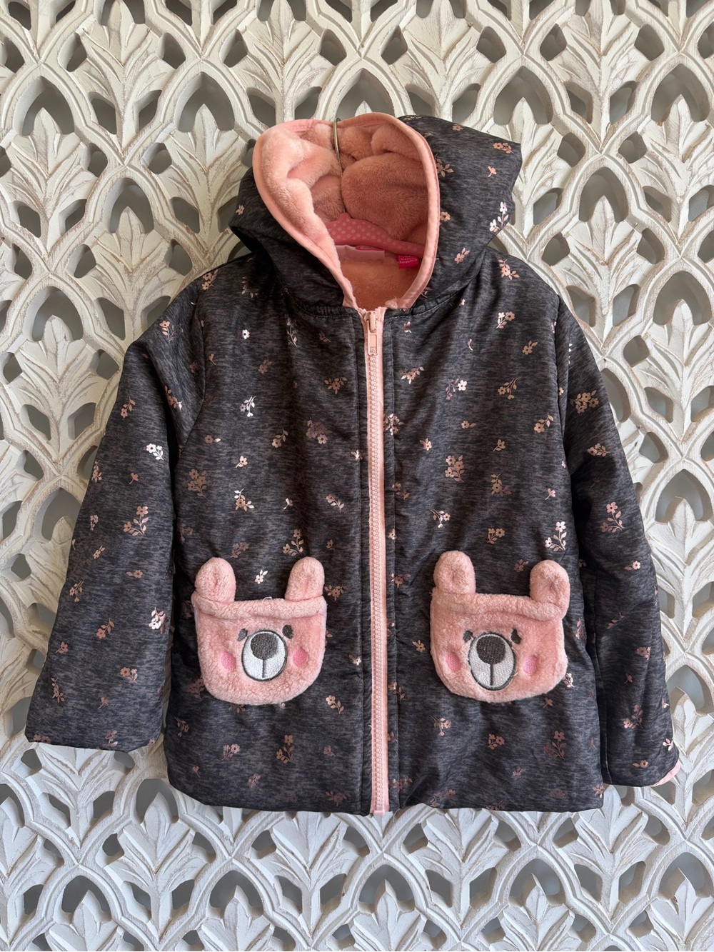 Penelope Mack Girls 4T Floral Teddy Bear Hooded Jacket Pink Gray